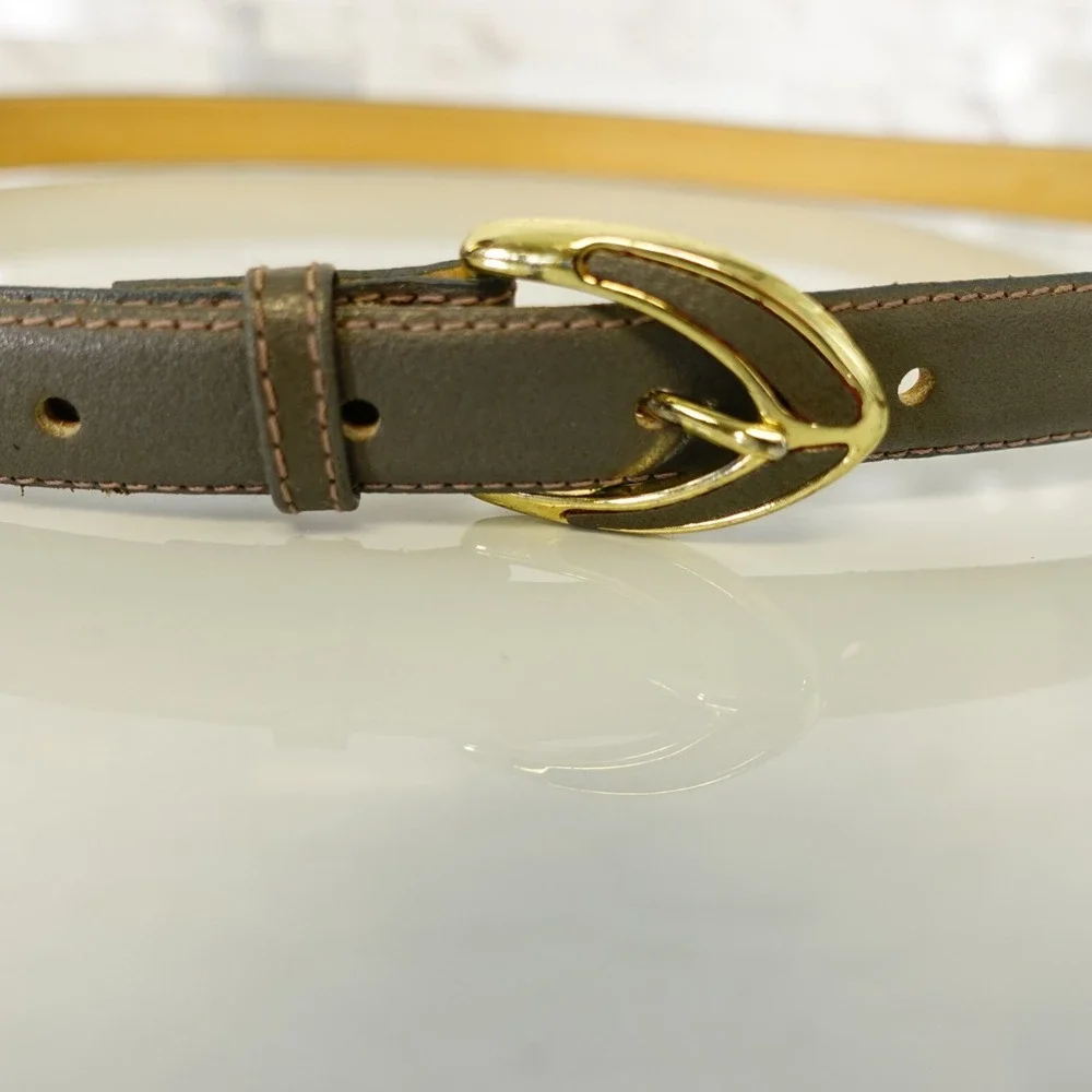 VINTAGE Y2K Leather Dress Belt Womens SMALL Gray Gold Buckle Handmade
